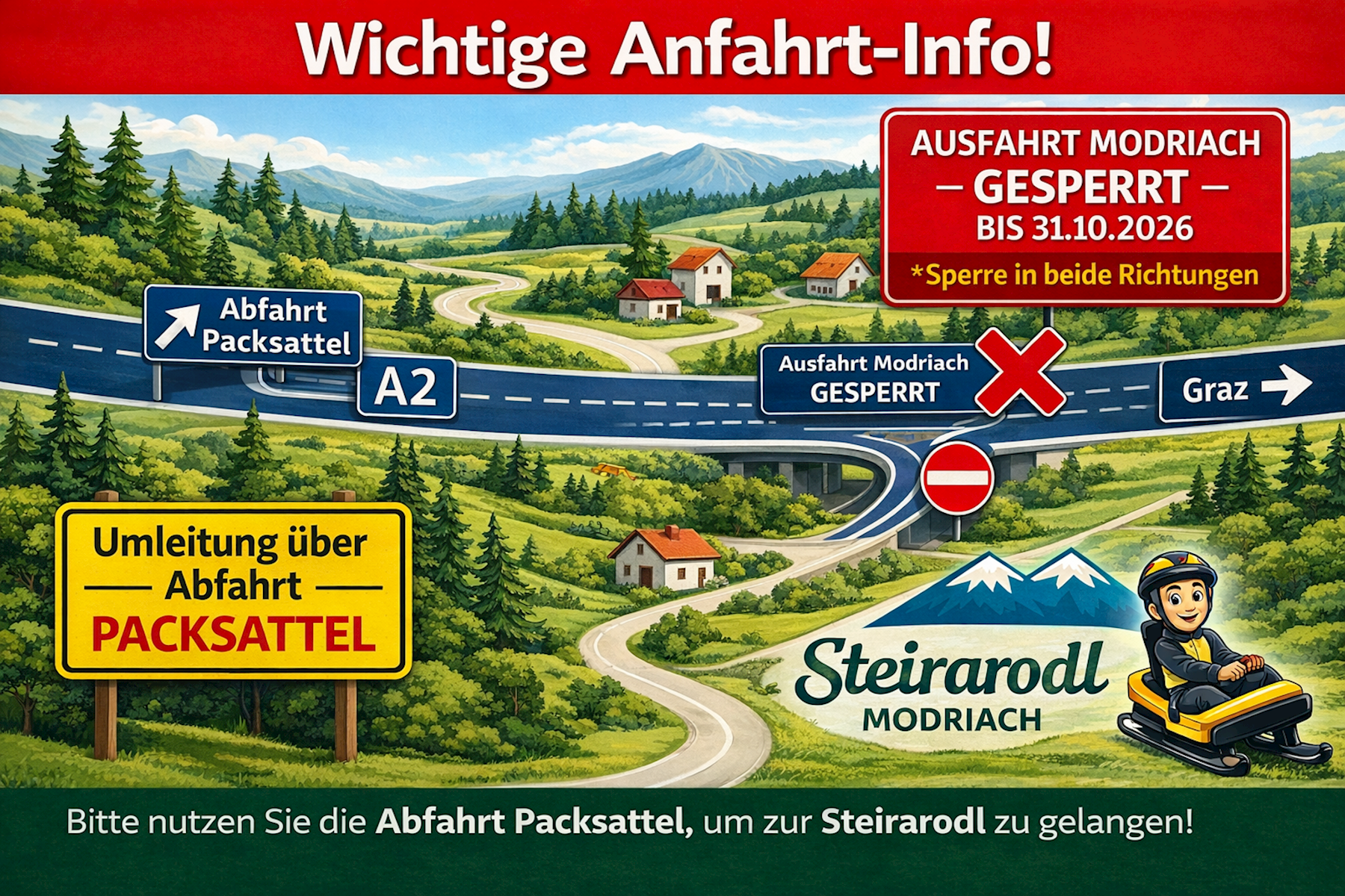Wichtige Anfahrt Info - Aufahrt Modriach gesperrt!